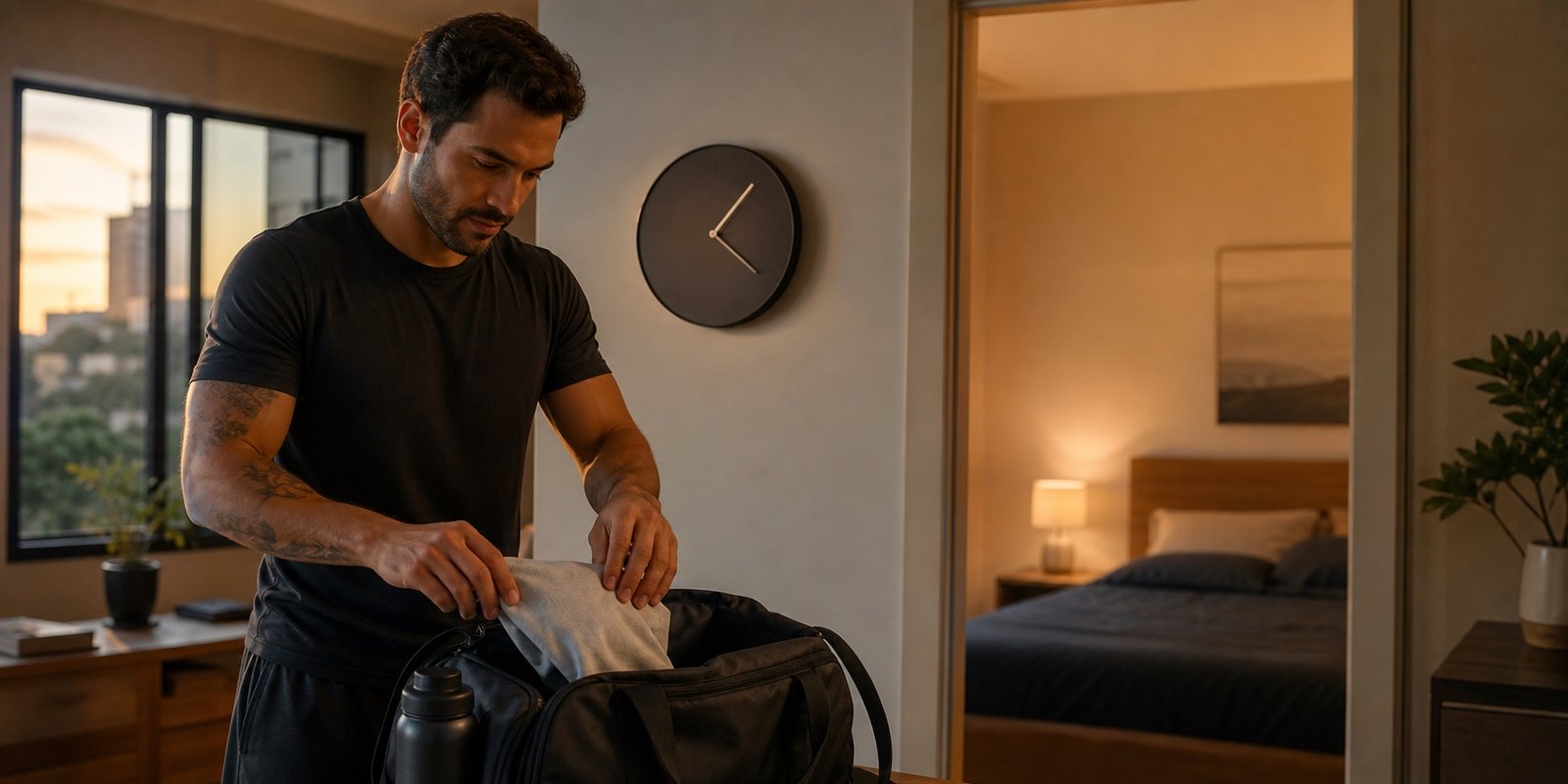 Atleta arrumando a bolsa perto de um relógio e de um quarto preparado para dormir.