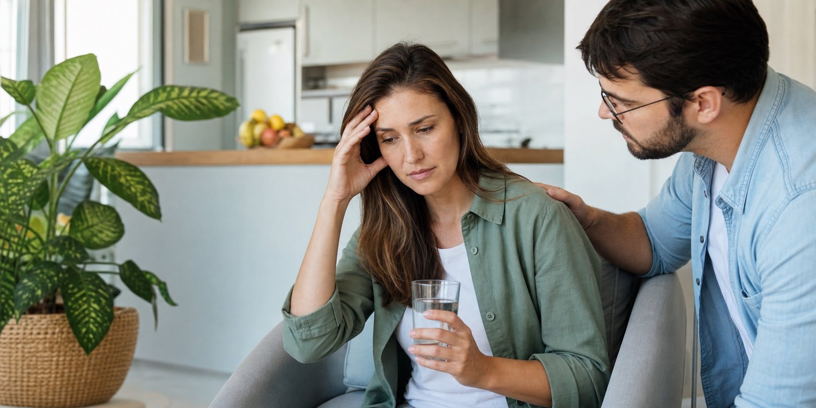 Mulher com mal-estar leve recebe apoio enquanto segura água durante um jejum prolongado.