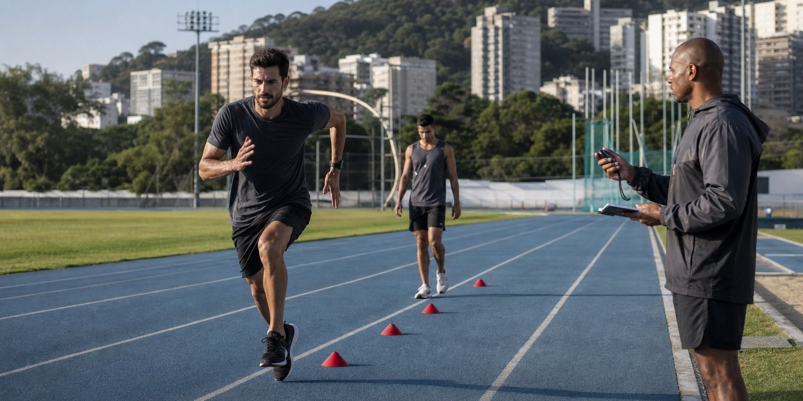 Corredor acelerando entre cones em pista de atletismo durante treino intervalado com recuperação ao fundo.