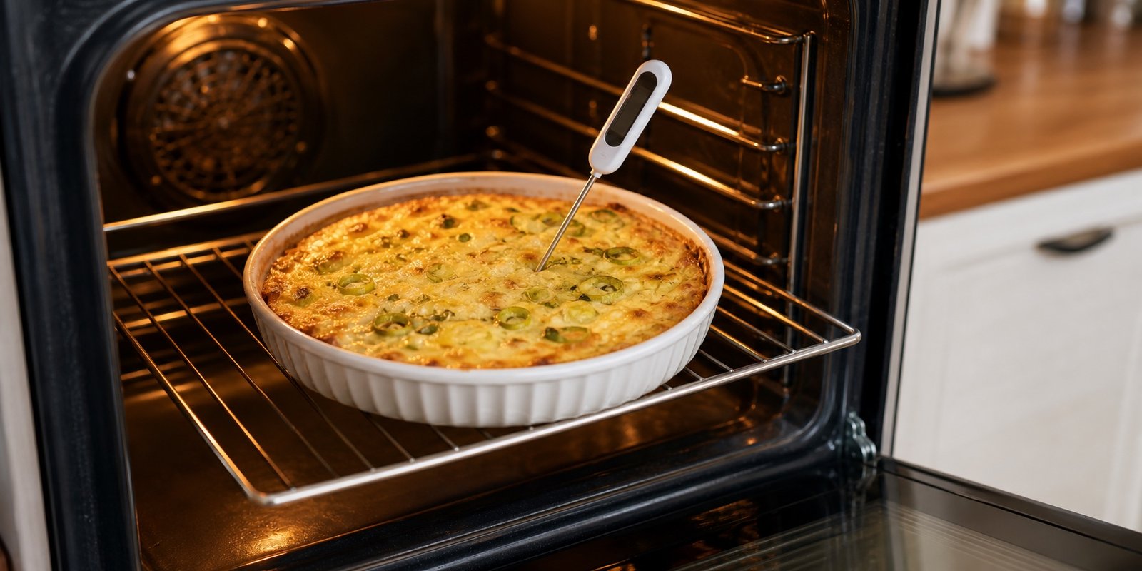 Quiche de alho-poró assando em forma cerâmica com termômetro culinário no centro.