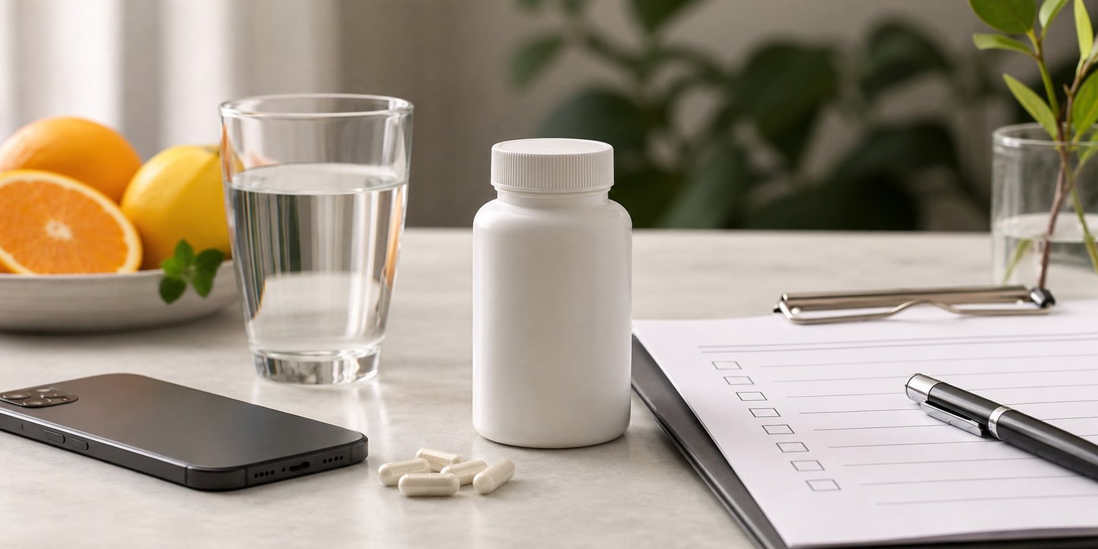 Frasco sem marca, água, laranja e checklist para avaliar vitaminas antes de suplementar.