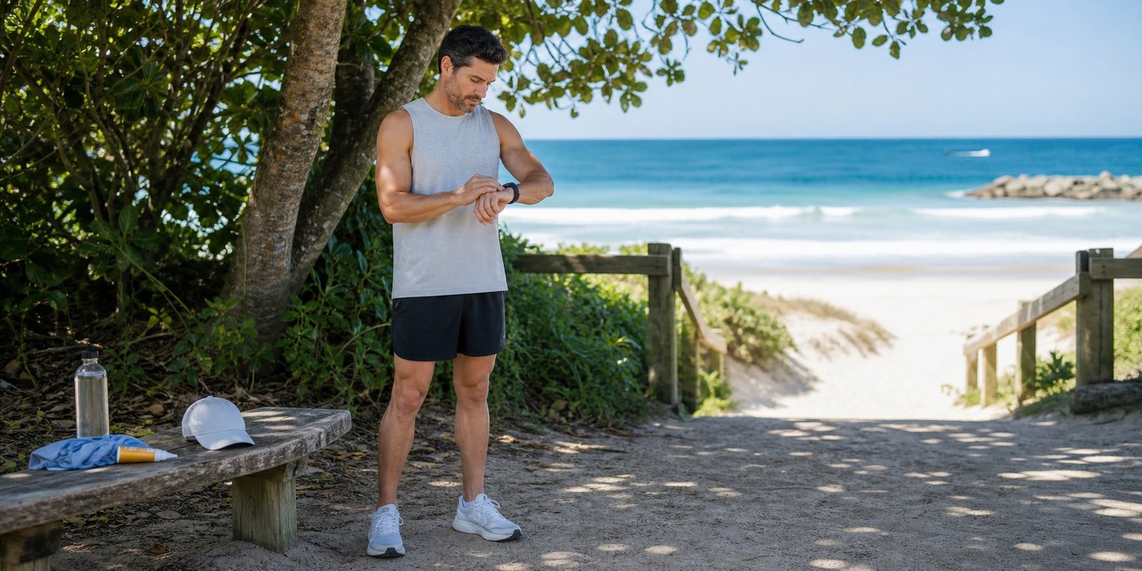 Pessoa confere o relógio na sombra ao lado de água, boné e protetor antes do cardio na praia.