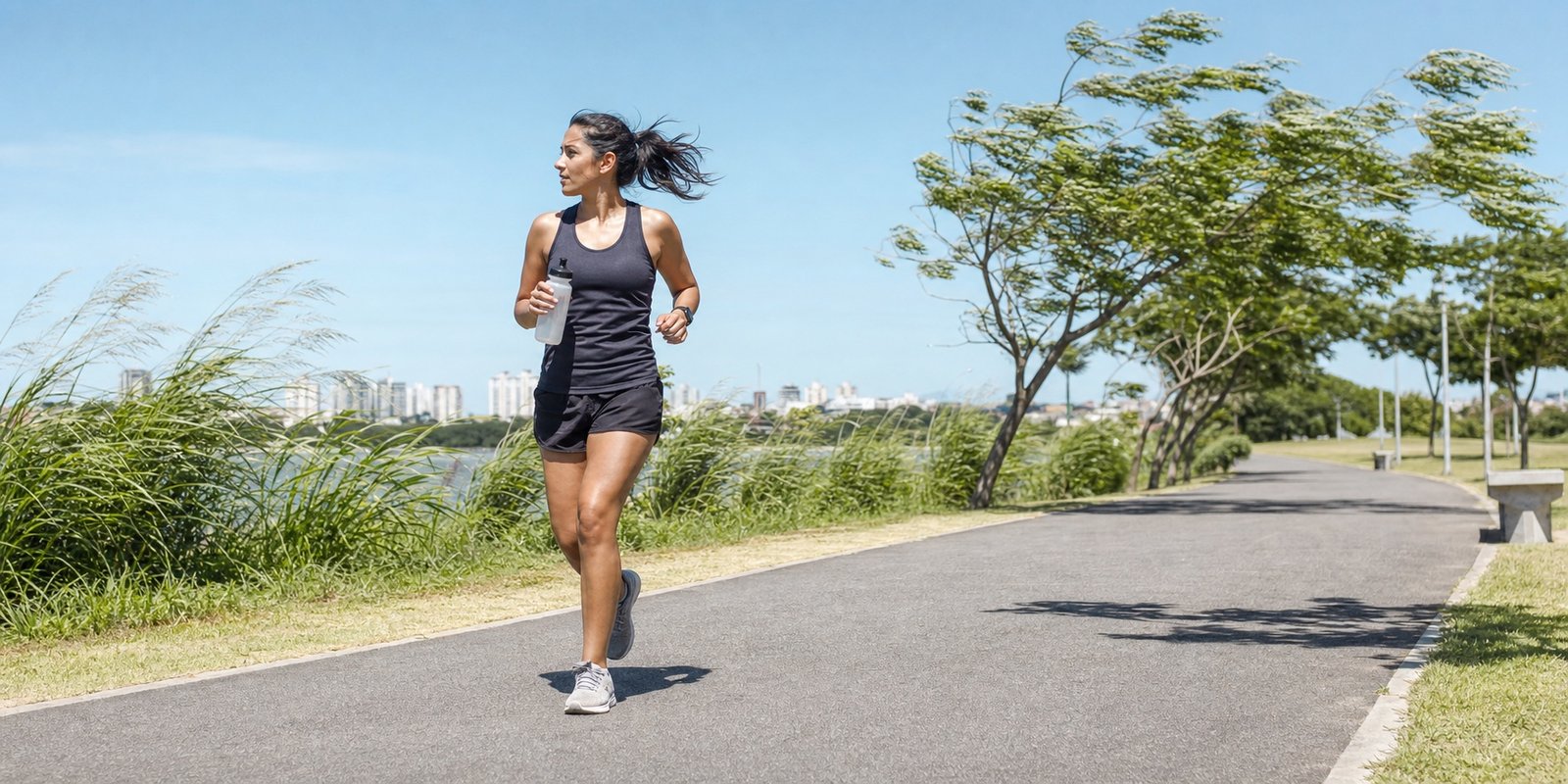 Corredora com água reduz o ritmo em percurso quente e com vento durante treino prolongado.
