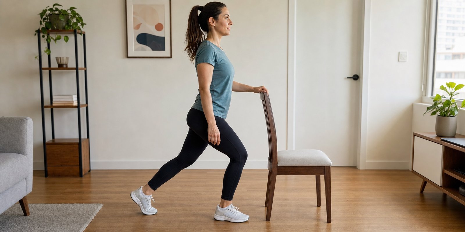Pessoa usando cadeira como apoio em opção de cardio sem salto.