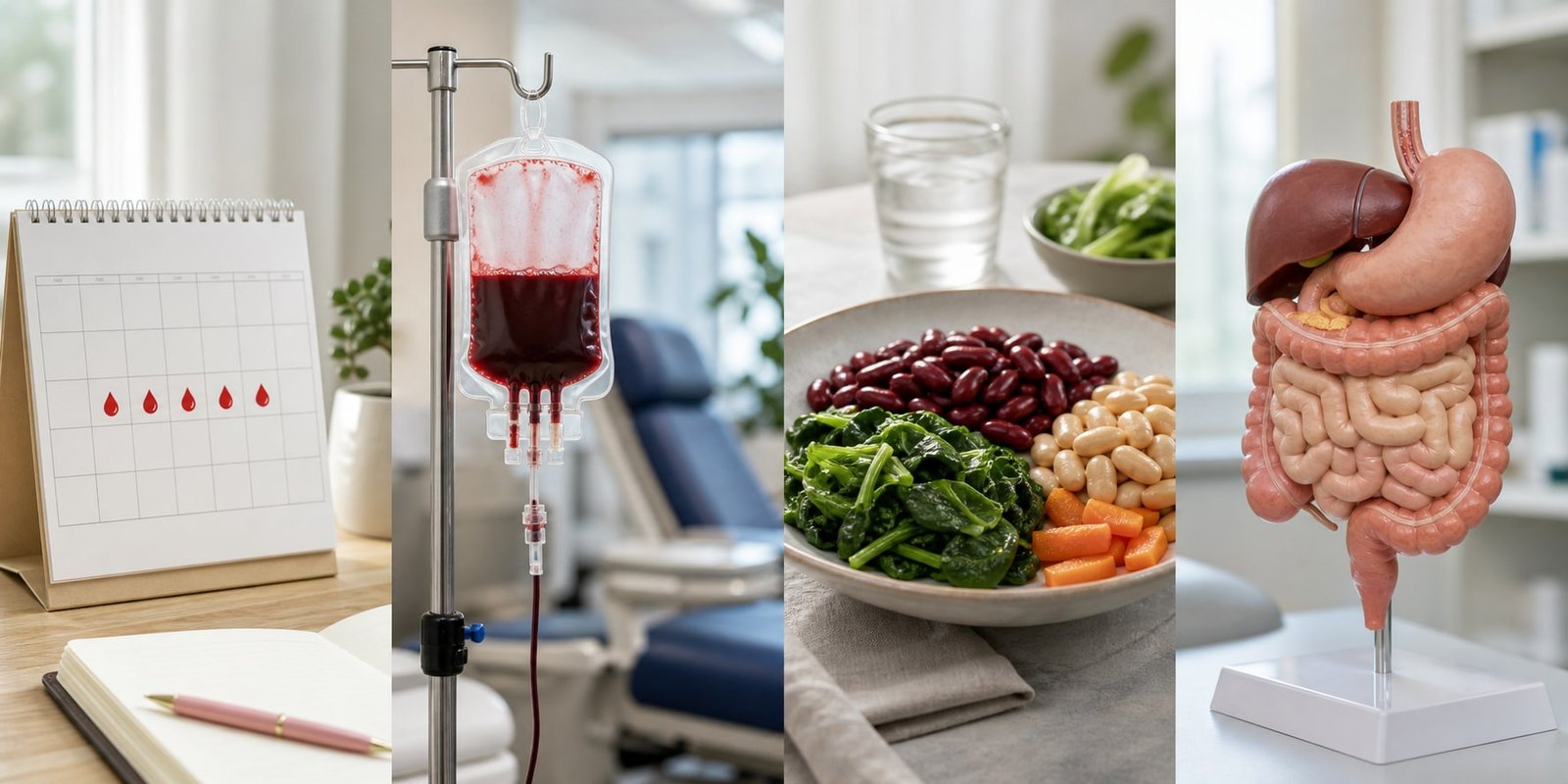 Composição com calendário menstrual, bolsa de sangue, refeição rica em ferro e modelo do sistema digestivo.