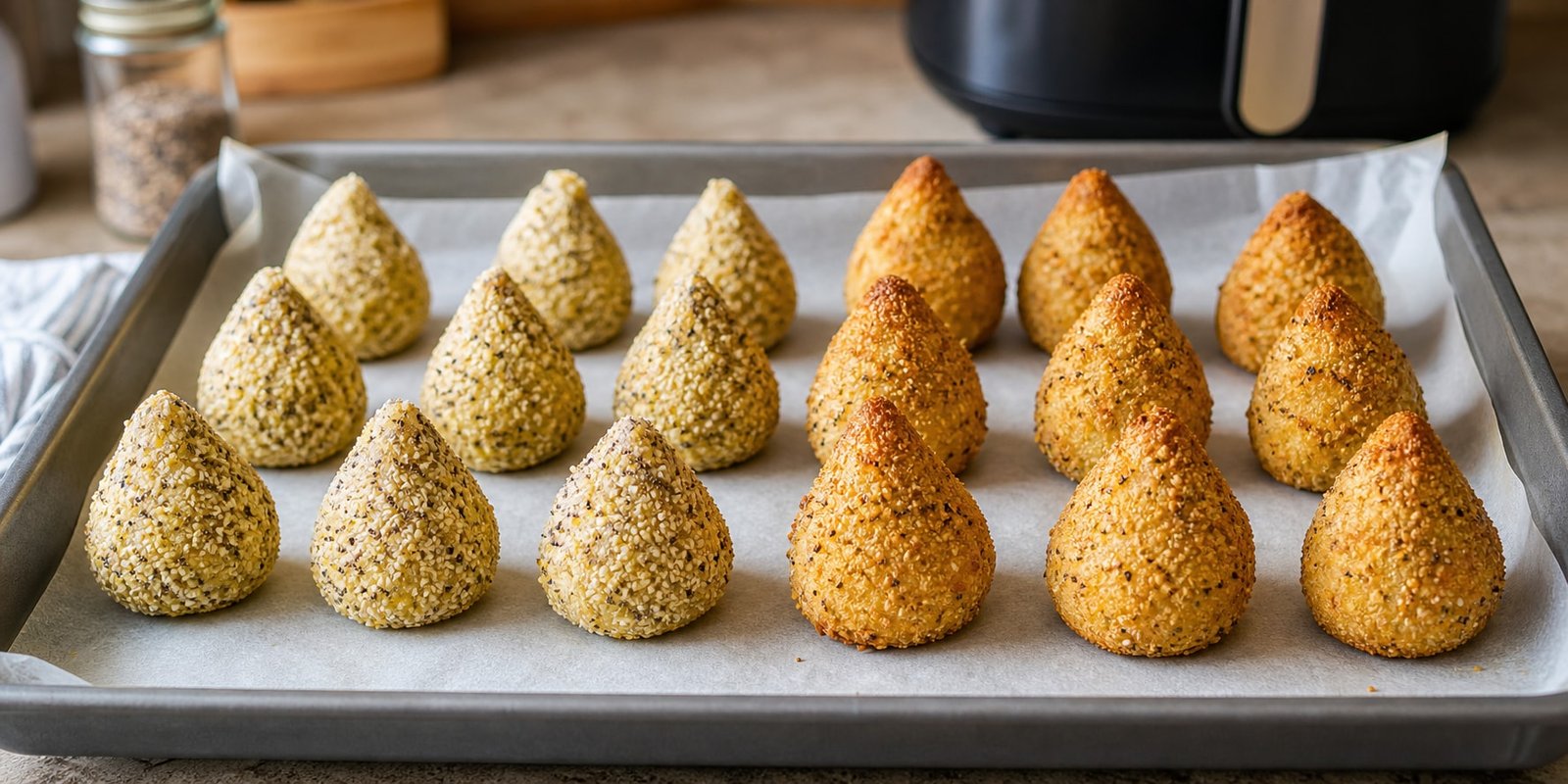 Coxinhas com cobertura de sementes e parmesão aparecem cruas e douradas em assadeira.