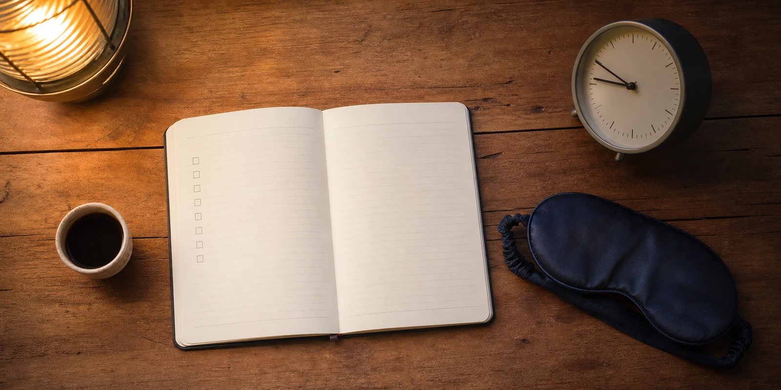 Caderno com caixas vazias, relógio, café e máscara de dormir sobre uma mesa.