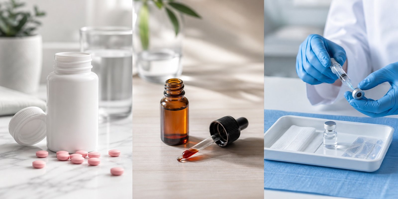 Comprimidos, gotas e aplicação profissional representam diferentes formas de reposição de vitamina B12.