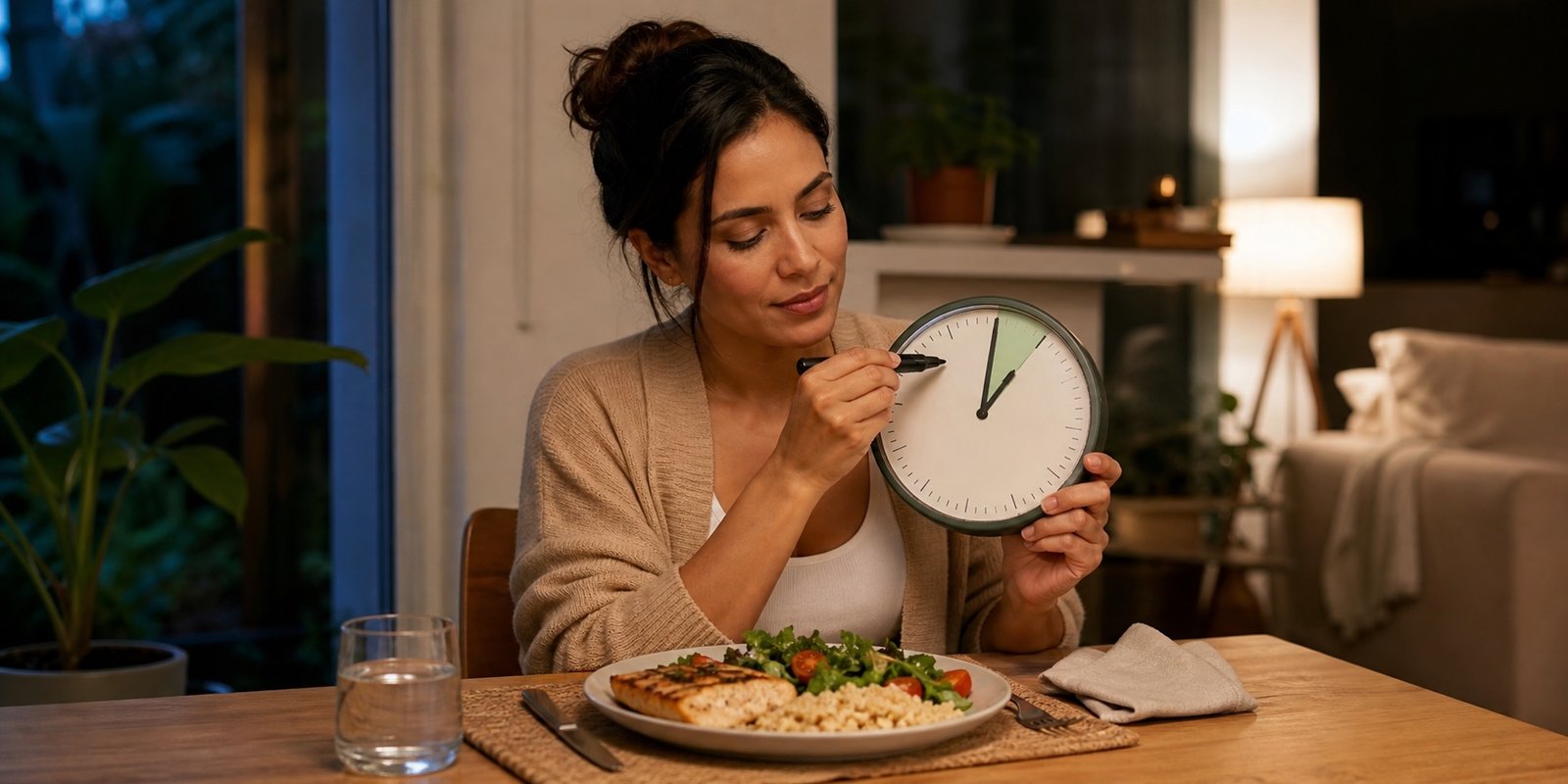 Mulher fazendo jantar equilibrado e observando o relógio para adotar uma janela alimentar mais gentil.