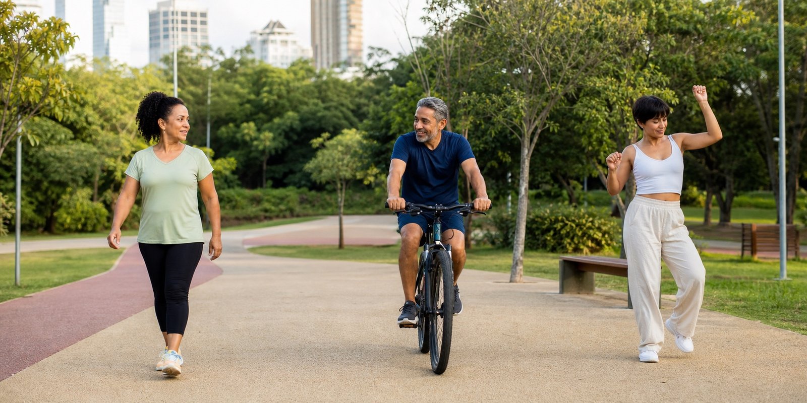 Caminhada, bicicleta e dança representadas como opções de cardio ajustáveis para quem sente ansiedade.