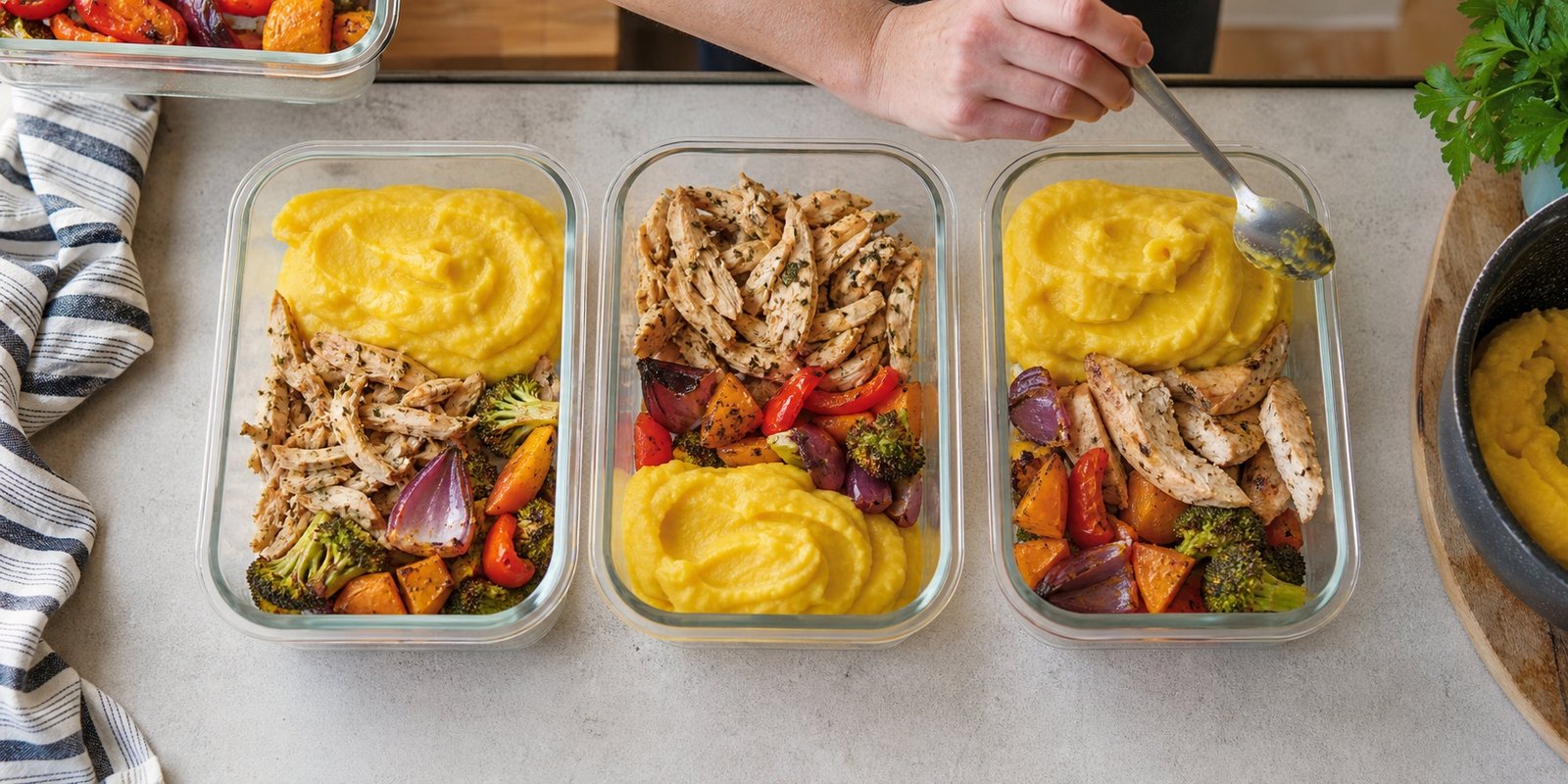 Marmitas organizadas com purê de mandioquinha, proteína e vegetais separados.