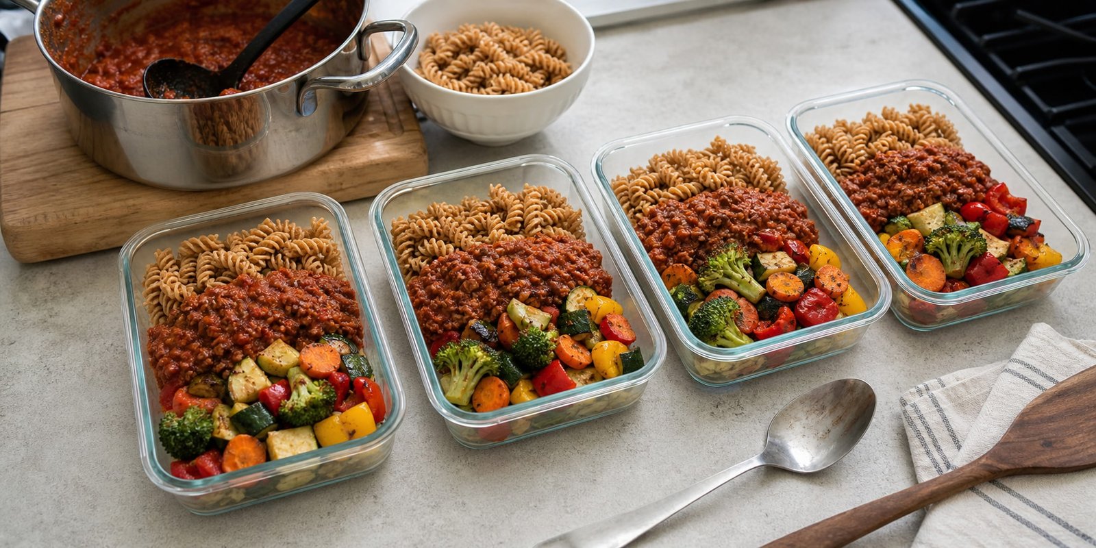 Quatro potes recebem zonas de macarrão integral, carne moída com molho e legumes assados.