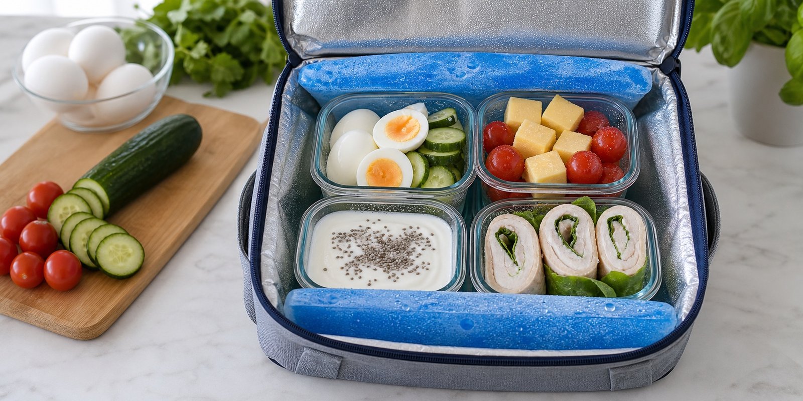 Bolsa térmica com placas frias guarda ovos, queijo, iogurte e rolinhos de frango.