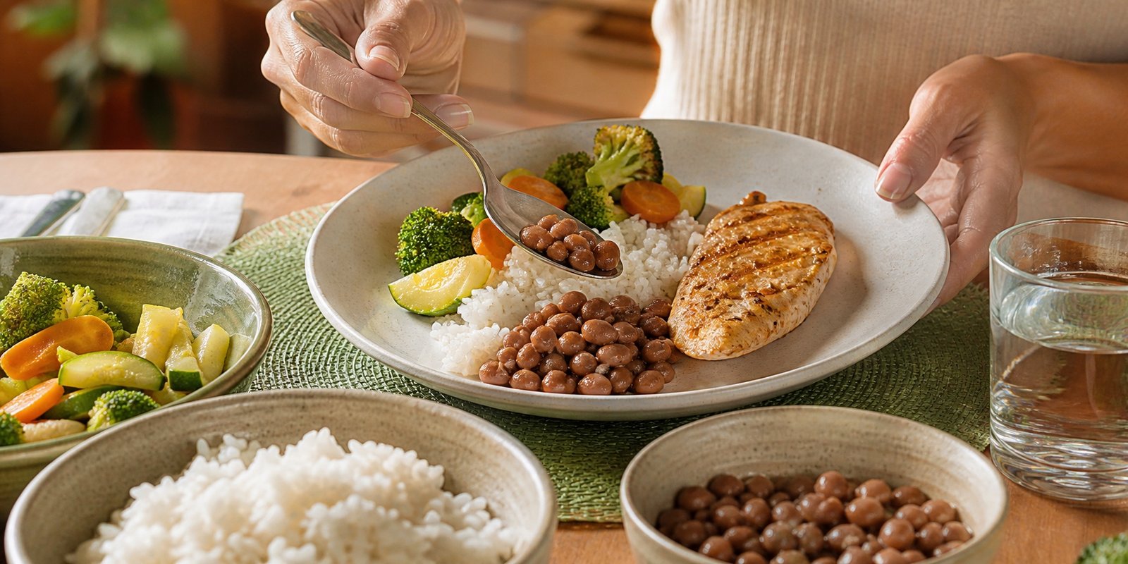 Prato brasileiro com arroz, feijão, frango, legumes e água para quebrar jejum de 36 horas.
