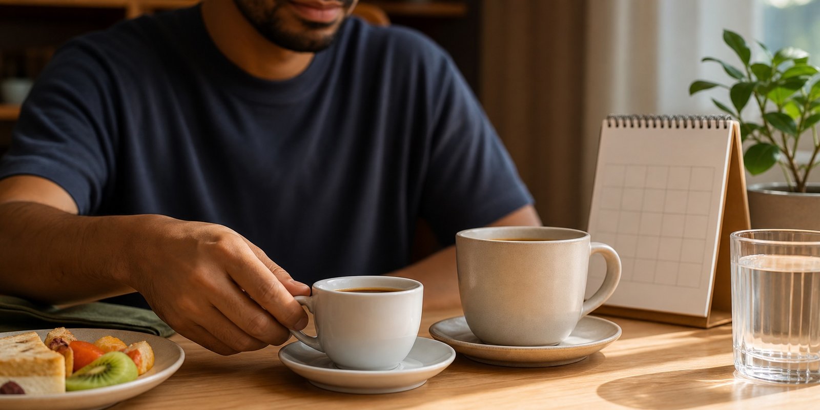 Homem escolhe uma xícara menor de café ao lado de água e calendário para reduzir cafeína gradualmente.