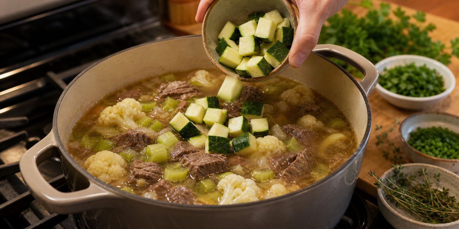 Abobrinha sendo adicionada no final do cozimento da sopa de carne para manter textura.