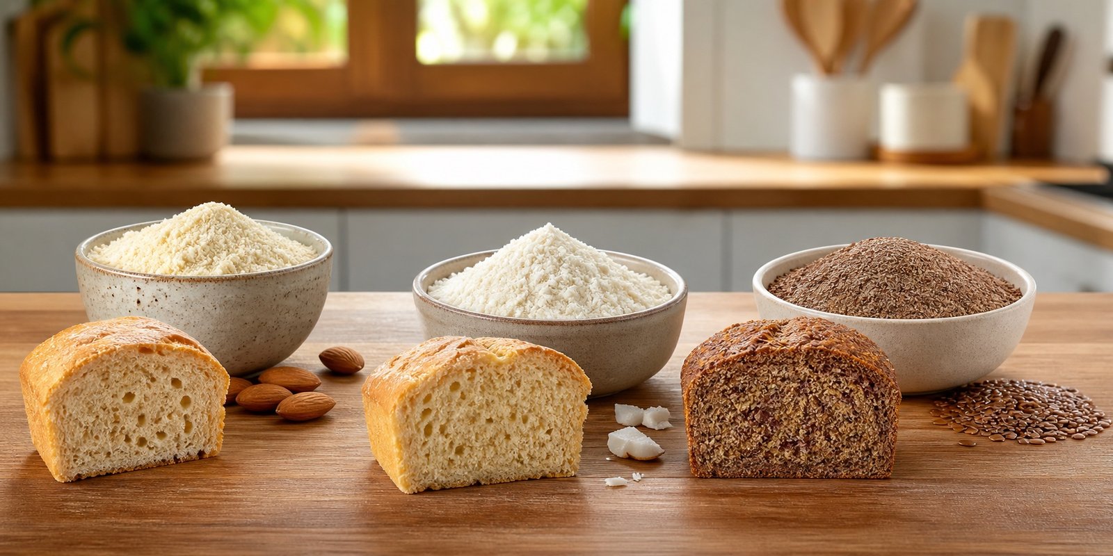Farinhas de amêndoas, coco e linhaça aparecem com pães de miolos diferentes.