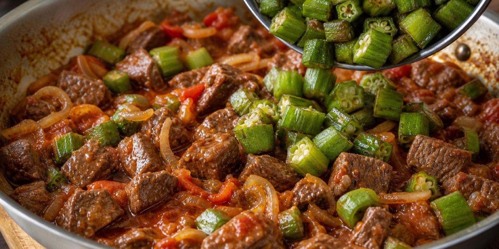 Quiabo salteado sendo incorporado ao picadinho de carne com molho firme.