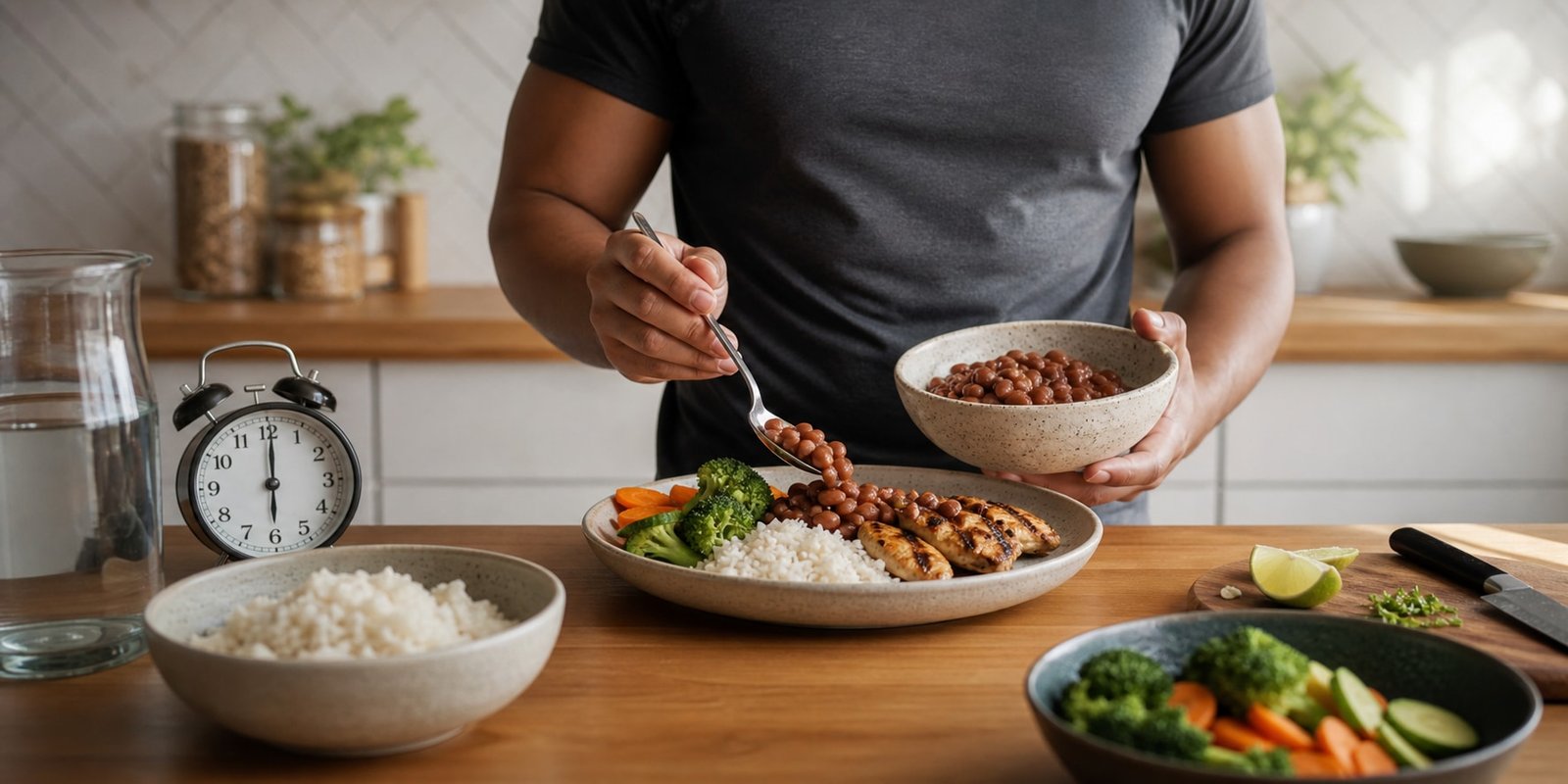 Pessoa montando prato equilibrado com arroz, feijão, proteína e legumes após janela de jejum.