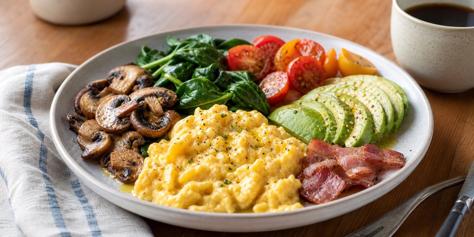 Ovos mexidos, cogumelos, espinafre, tomate e abacate dominam prato com pequena porção de bacon.