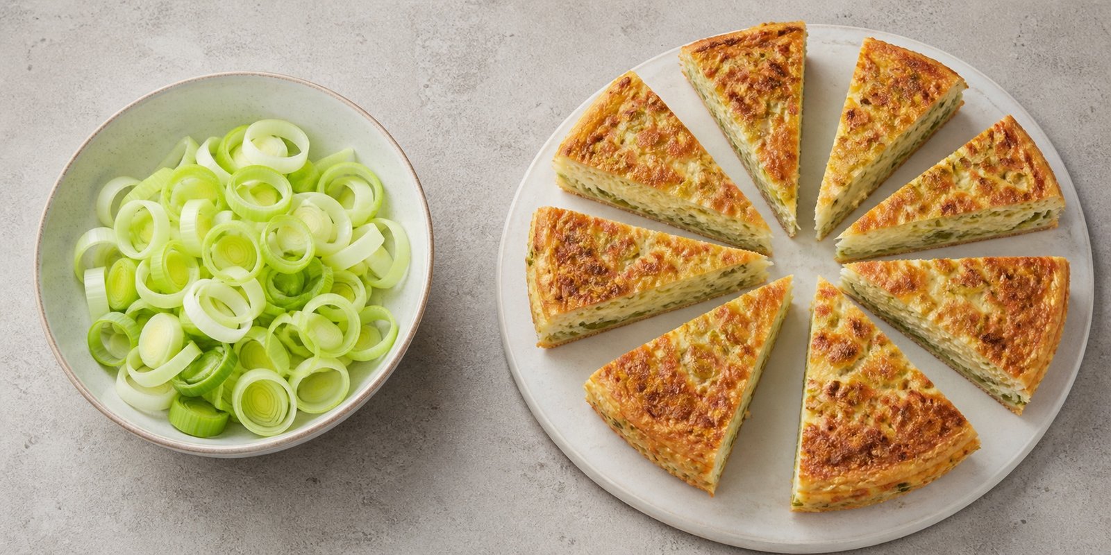 Tigela com alho-poró fatiado ao lado de oito porções de quiche low carb assada.