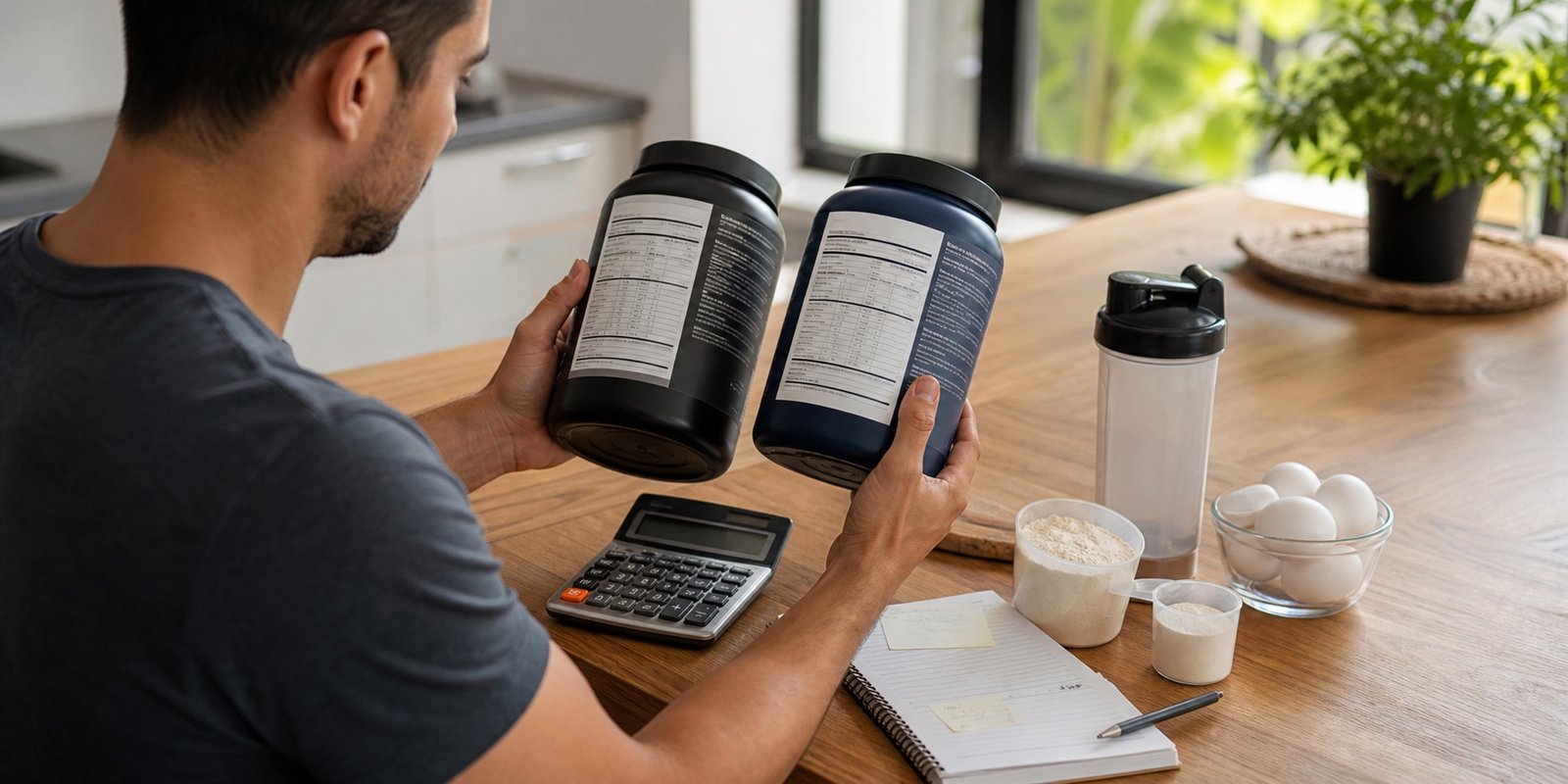 Pessoa compara dois rótulos de suplemento com calculadora para avaliar custo por grama de proteína.