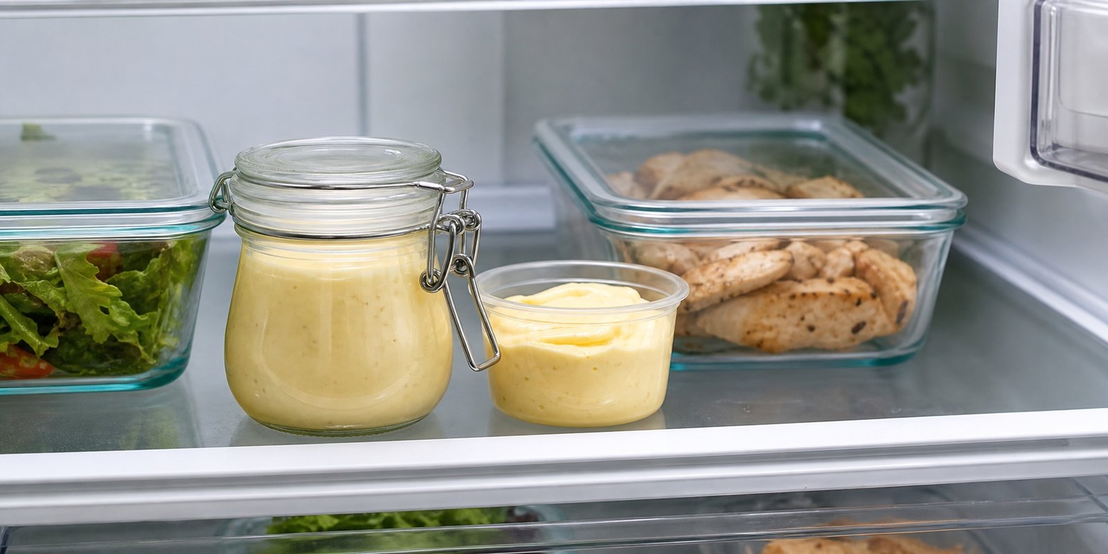 Pote pequeno de maionese caseira refrigerado ao lado de salada, frango e uma porção separada.