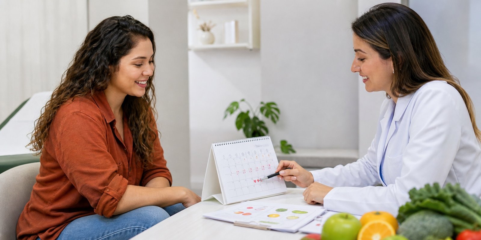 Mulher e profissional de saúde revisando calendário menstrual e rotina alimentar em consulta.