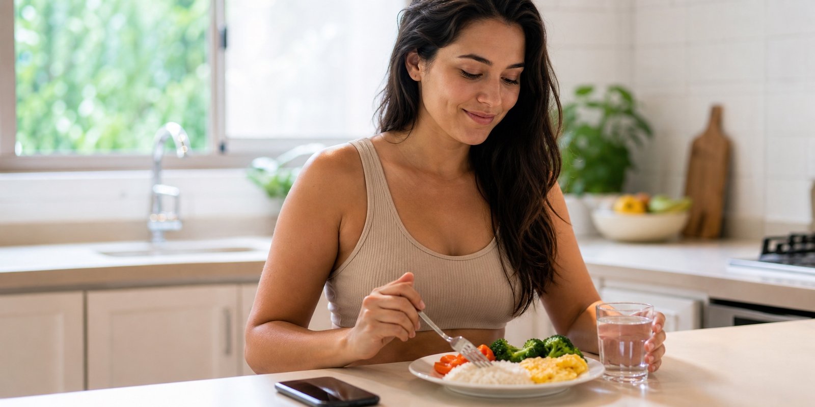 Mulher interrompe o jejum com água, arroz, ovos e vegetais após perceber que a dor não melhorou.