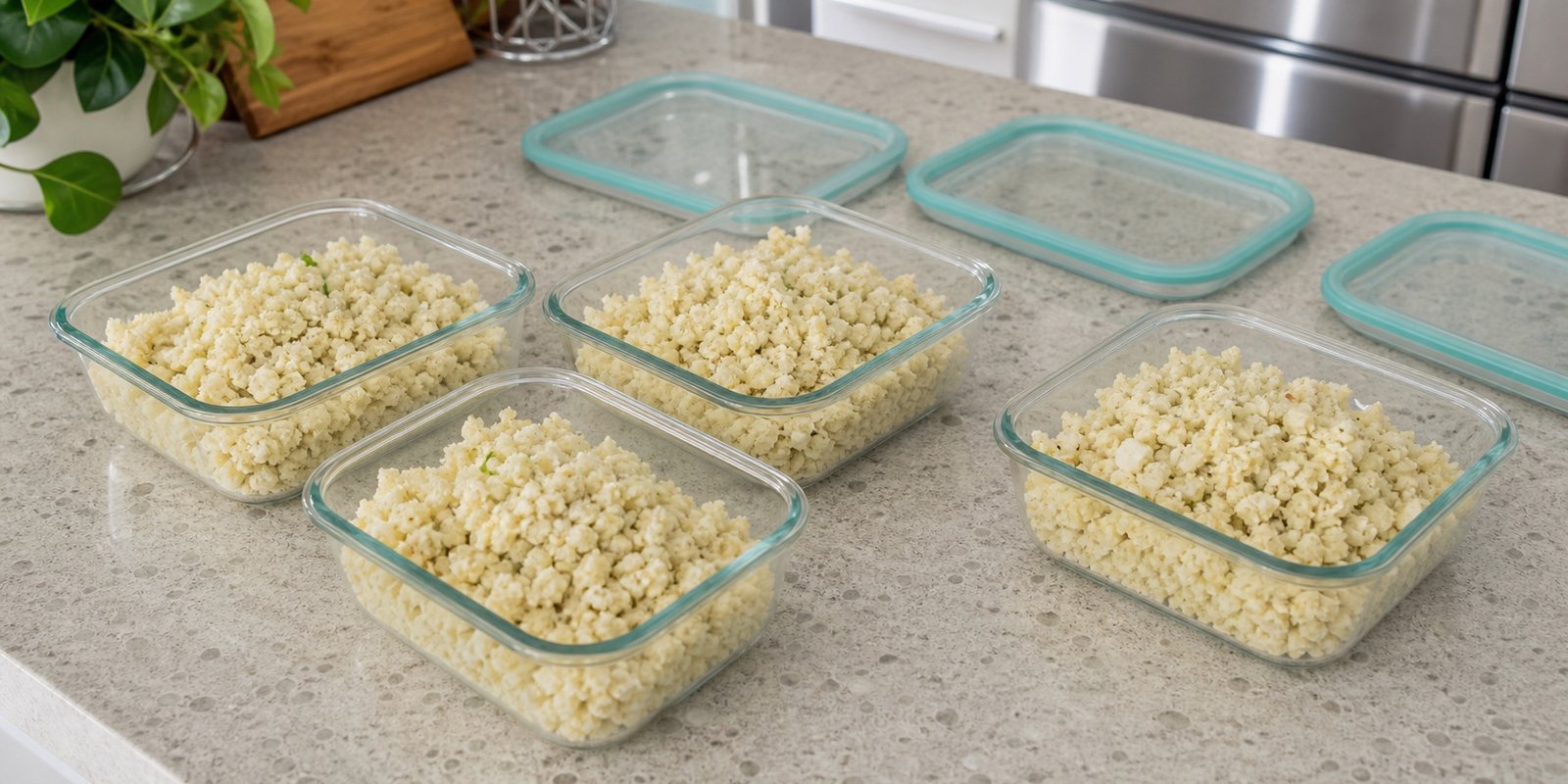 Porções rasas de arroz de couve-flor prontas para resfriar, refrigerar ou congelar.