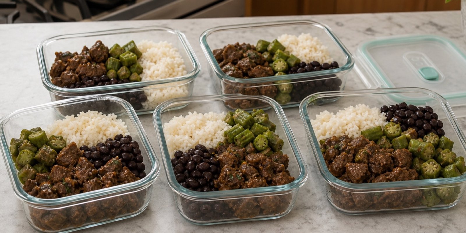 Cinco potes rasos com picadinho, quiabo, arroz e feijão para resfriar.