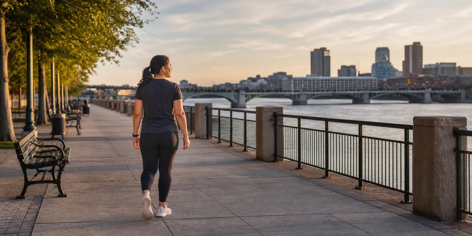 Pessoa desacelerando à beira de um rio após protocolo curto de cardio para ansiedade.