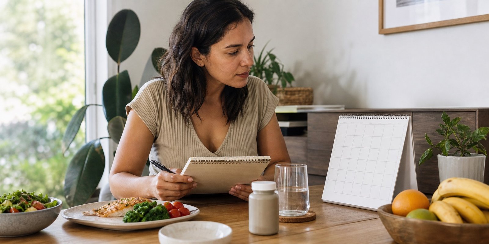 Mulher revisa calendário, sintomas, alimentação e suplemento de vitamina B12 em um caderno.
