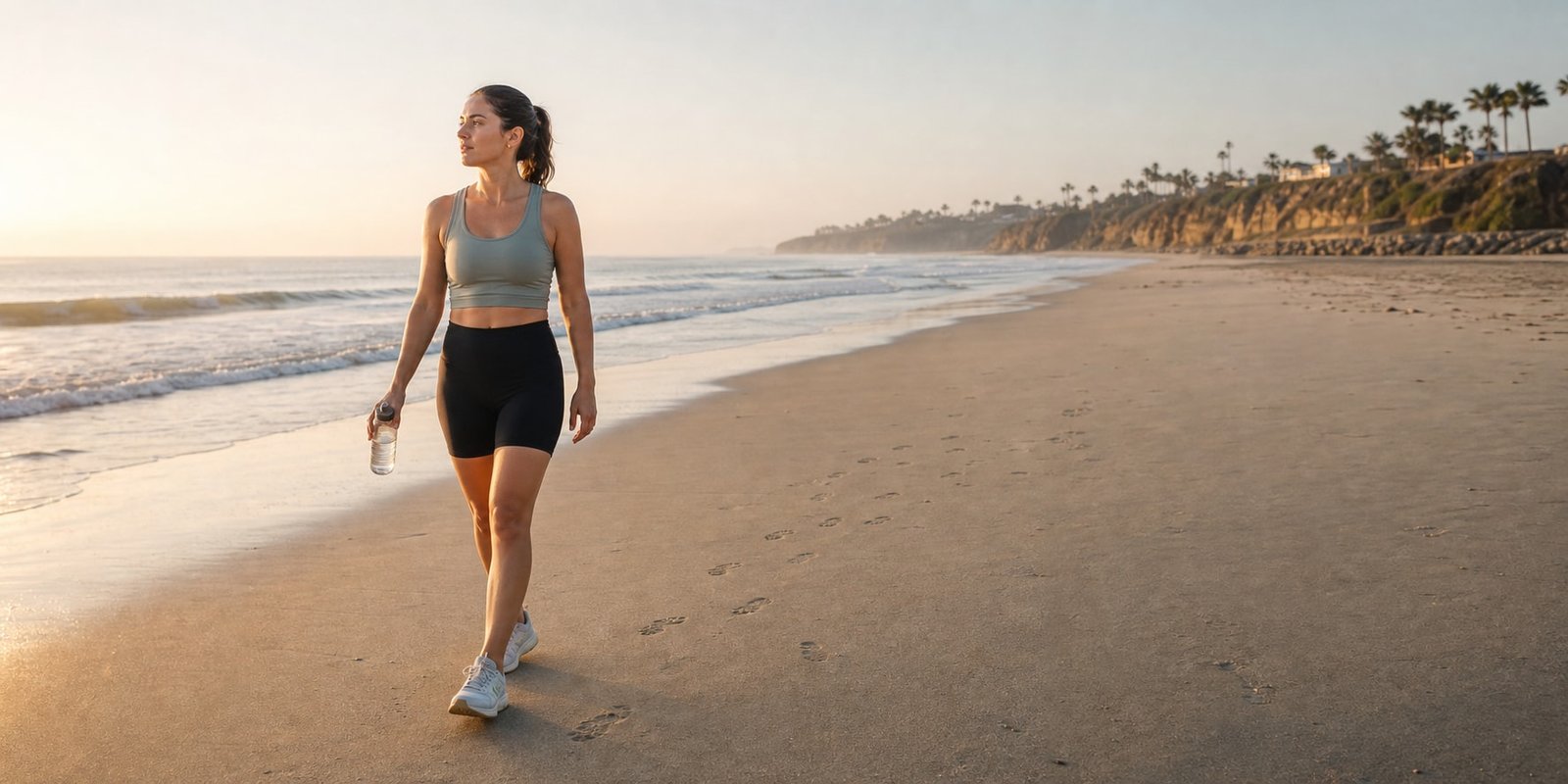 Mulher caminha devagar na areia firme com água após uma sessão de cardio na praia.