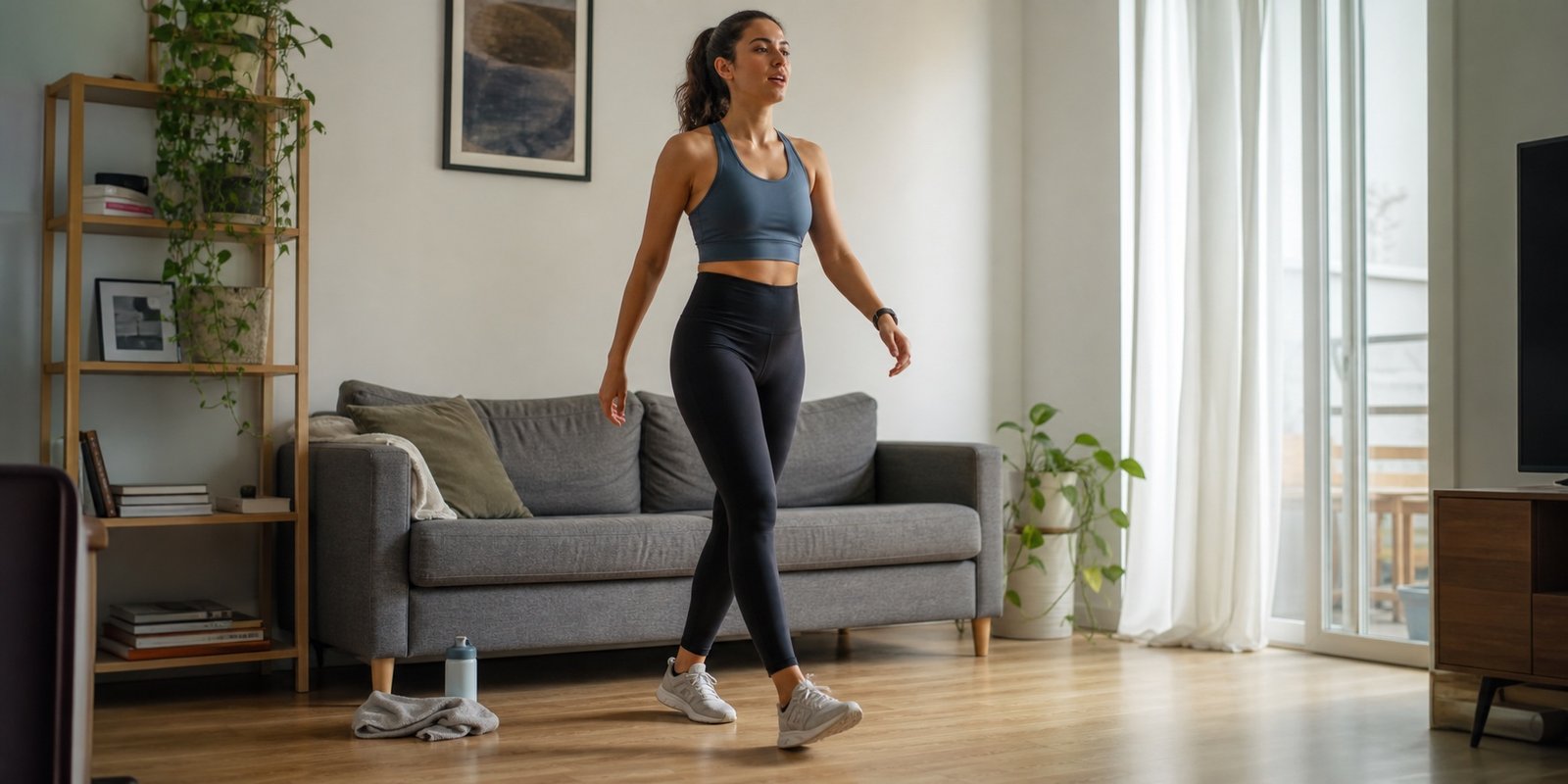Pessoa caminhando devagar na volta à calma depois do cardio em casa.