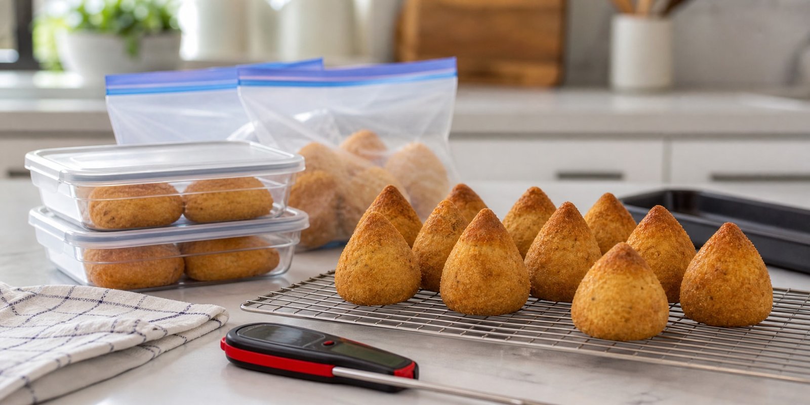Coxinhas assadas esfriam em grade ao lado de potes rasos, embalagens de freezer e termômetro culinário.