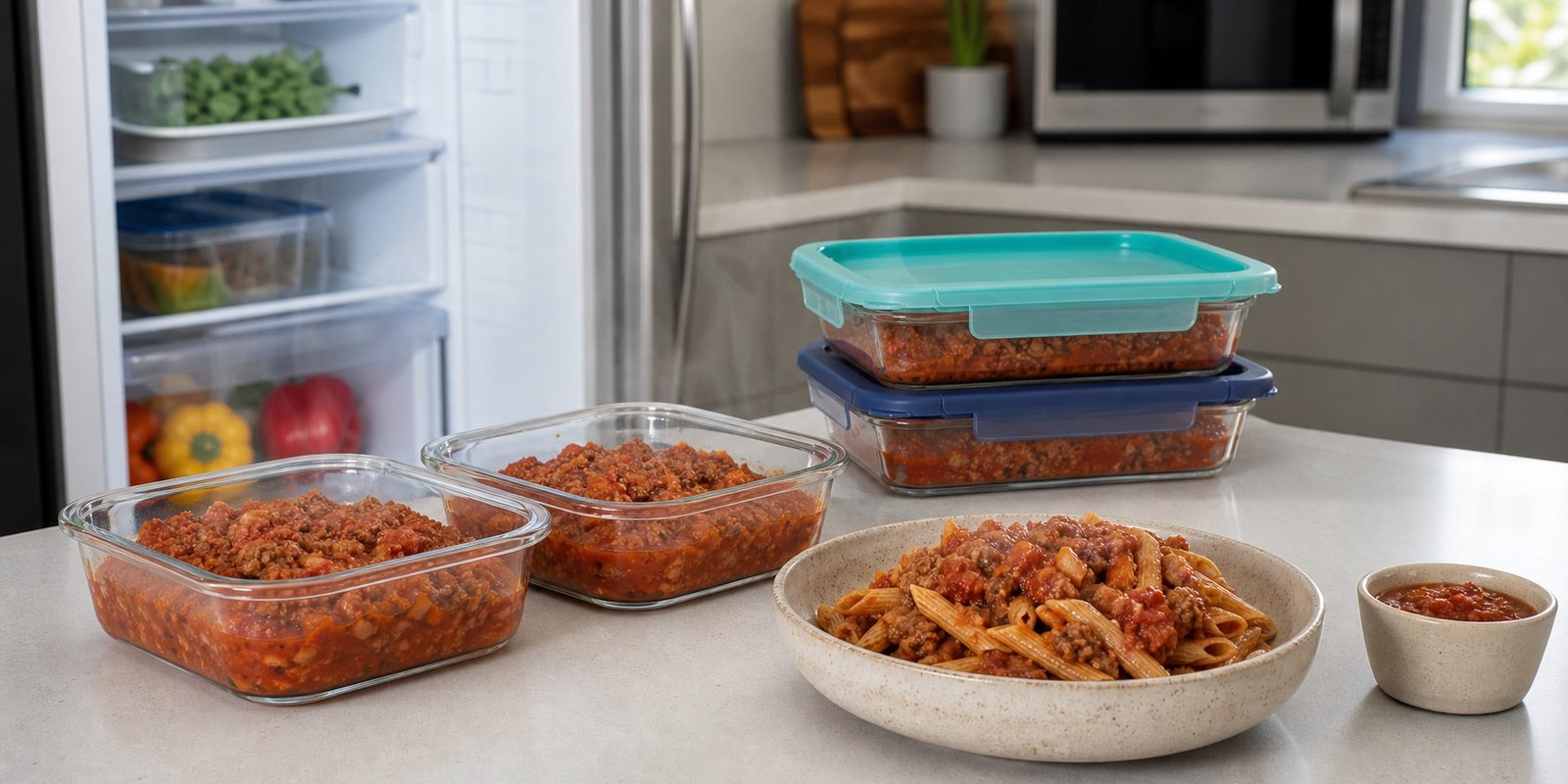 Recipientes rasos com carne e molho esfriam perto da geladeira e uma porção de macarrão integral é reaquecida.