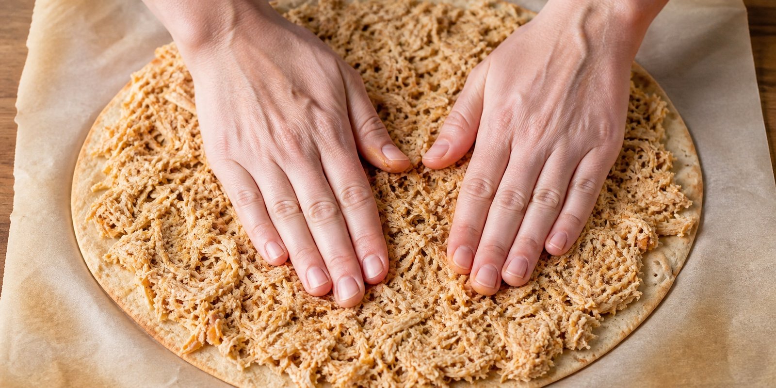 Massa de frango sendo pressionada para formar uma pizza low carb firme