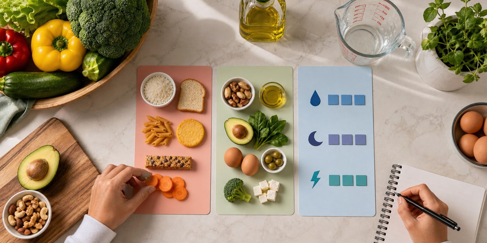 Alimentos baixos em carboidratos e checklist para organizar as três fases da transição cetogênica.