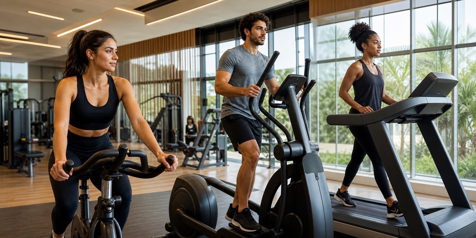 Três pessoas usando bicicleta, elíptico e esteira como opções de cardio com diferentes custos de fadiga