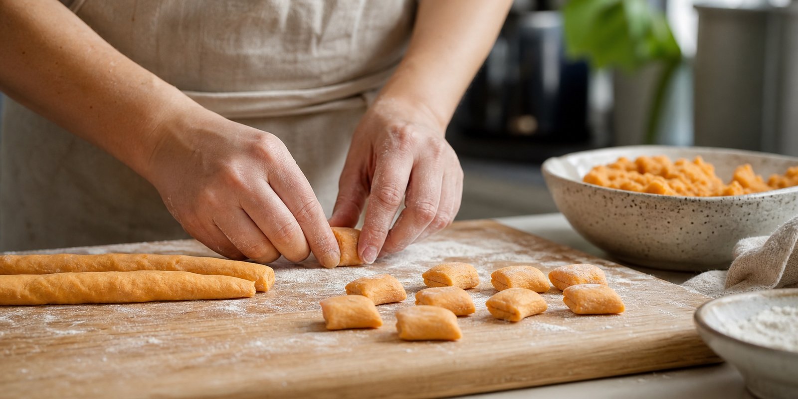 Mãos modelando rolos e cortando uma massa firme de nhoque de batata-doce sobre tábua enfarinhada