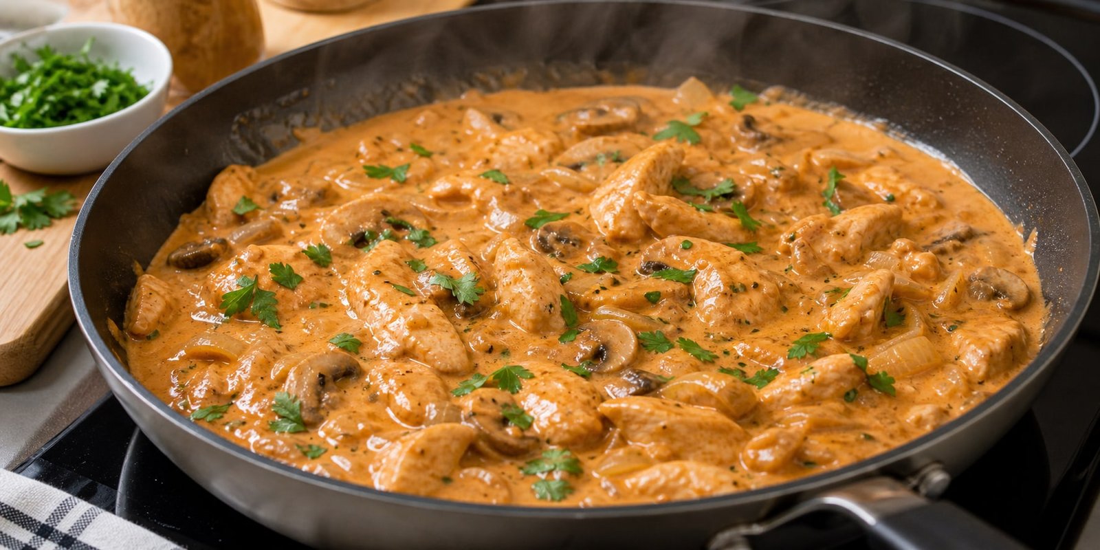 Strogonoff de frango com molho leve e cremoso na frigideira, espesso o bastante para marmita
