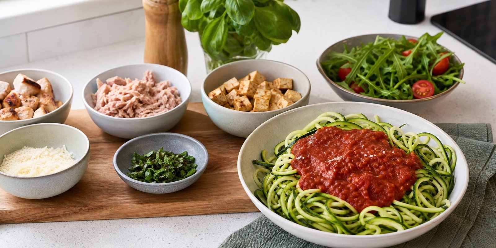 Bowl de macarrão de abobrinha low carb com molho de tomate e opções de proteína ao lado.