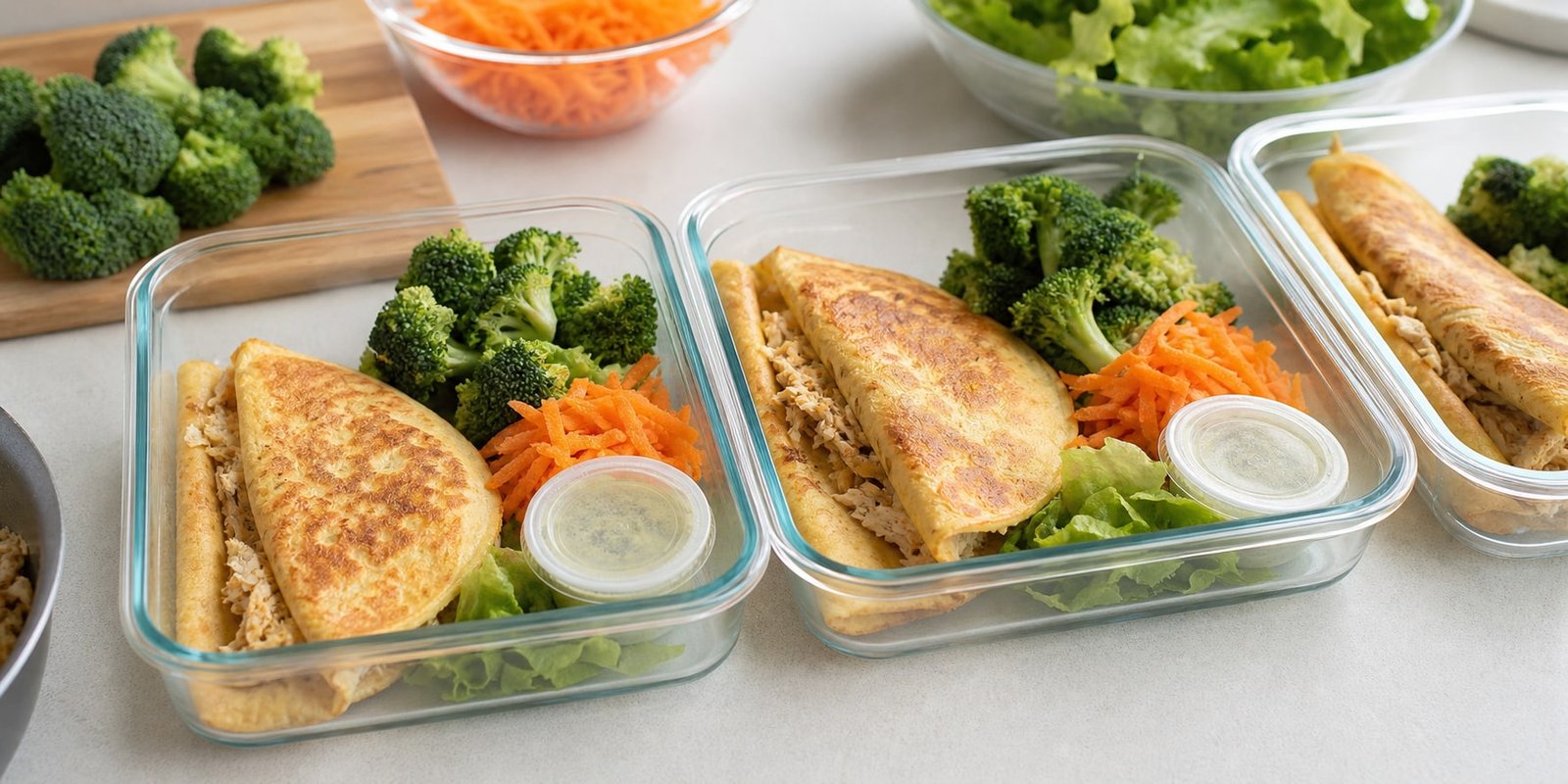 Marmitas de crepioca com frango sendo montadas com brócolis, cenoura, folhas e molho separado.
