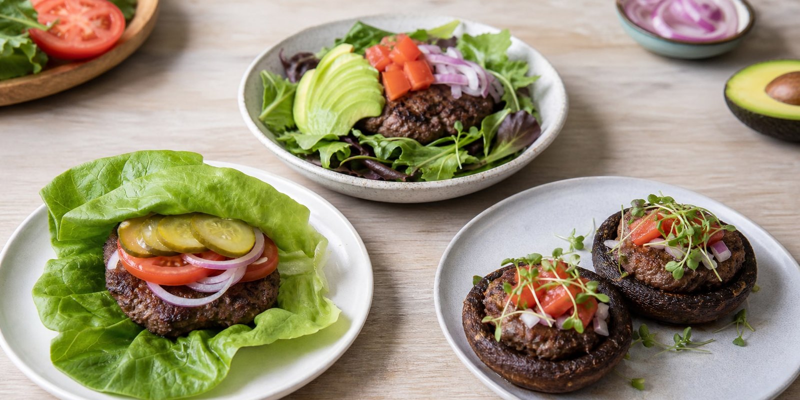 Três formas de servir hambúrguer cetogênico sem pão: em folhas, em bowl de salada e com cogumelos portobello.