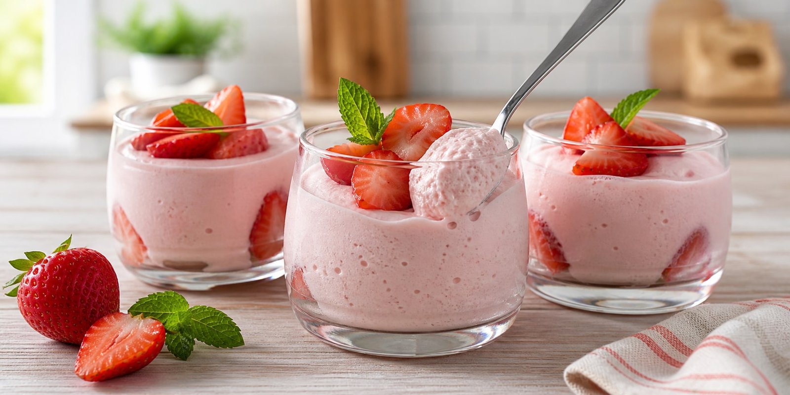 Copinhos de mousse low carb de iogurte com morango, textura cremosa e fatias de morango por cima.