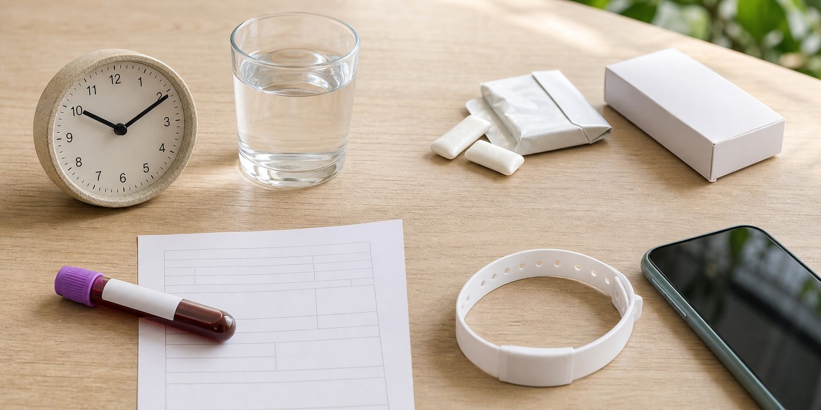 Relógio, água, chiclete, tubo de laboratório e pulseira representam objetivos diferentes de jejum.