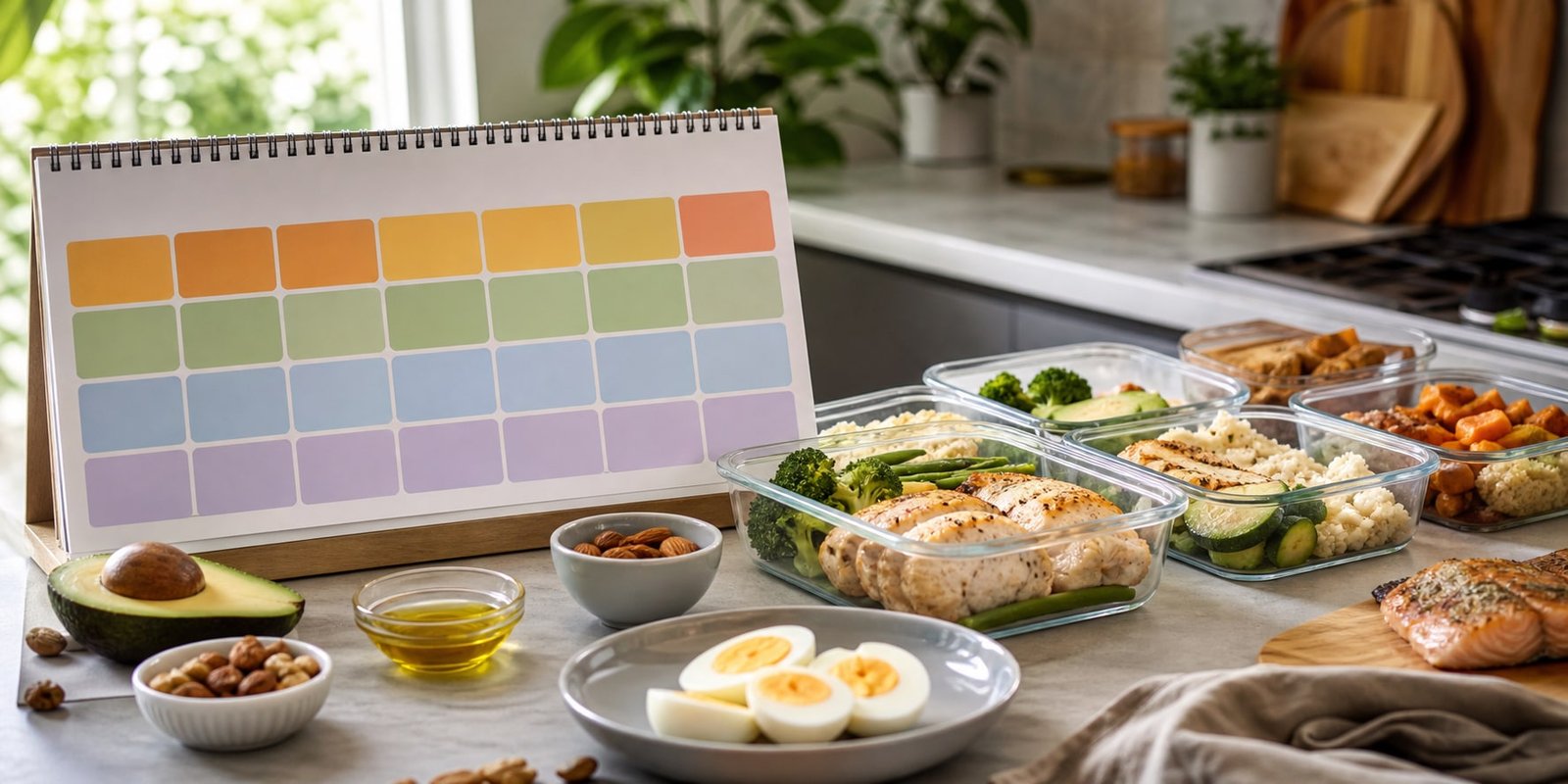Calendário de 14 dias com refeições cetogênicas simples para reduzir carboidratos de forma gradual.