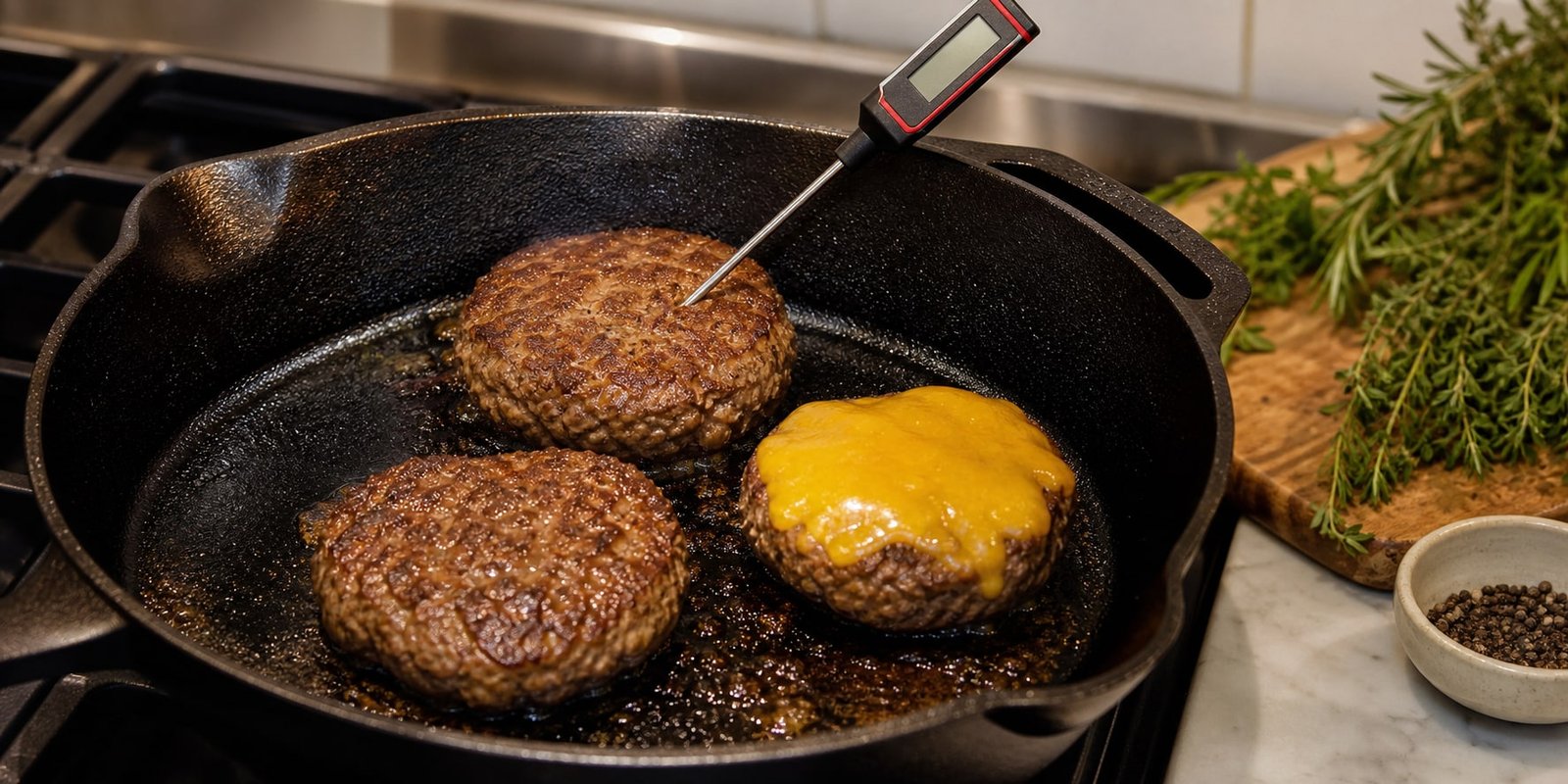 Hambúrguer cetogênico caseiro cozinhando na frigideira com termômetro culinário para reforçar ponto seguro e controle de preparo.