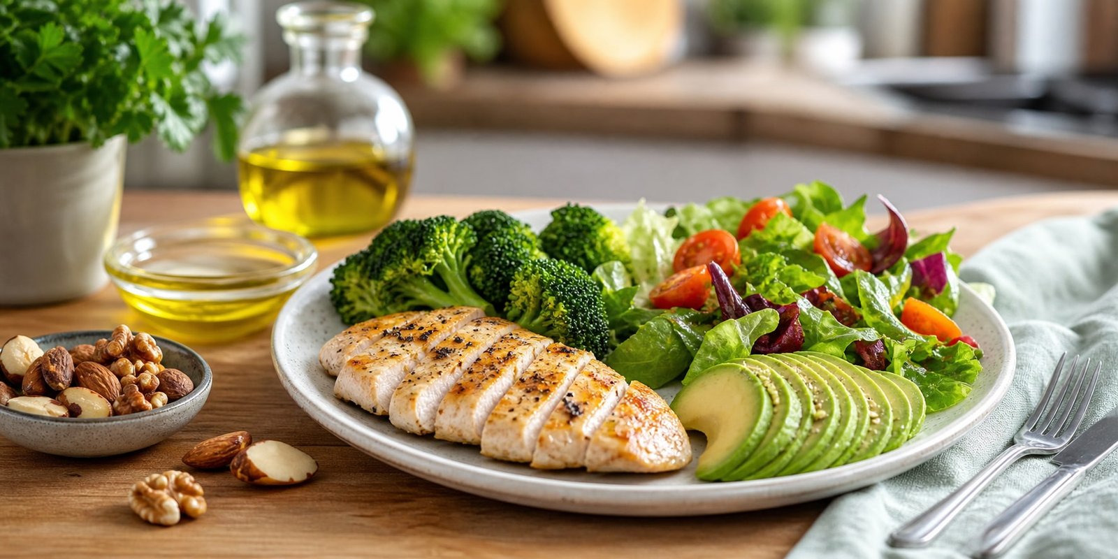 Prato cetogênico equilibrado com proteína, folhas, abacate e vegetais de baixo carboidrato.